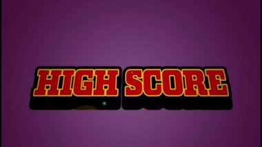Animation of red high score text with illuminated thunderstorm over purple background, copy space. Digitally generated, abstract, video game, arcade, achievement and competition concept.