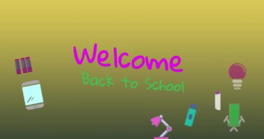 Animation of welcome back to school and school icons over green background. Social media and digital interface concept digitally generated video.