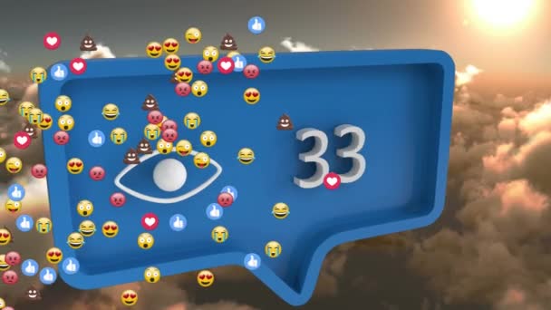 Animation Emojis Flying Eye Icon Numbers Blue Banner Global Social — Stock Video