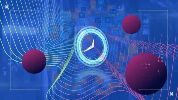 Анімація Фіолетових Сфер Цифрової Хвилі Неонового Годинника Проти Комп Ютерного — стокове відео