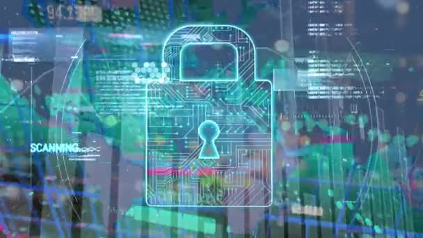 Animation Online Security Padlock Data Processing Statistics Global Business Computing — Stock video