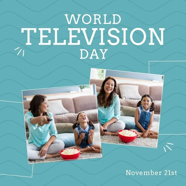 Composition of world television day text over caucasian mum with tv remote control and daughter. World television day, leisure time and entertainment concept.