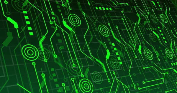 Image Neon Integrated Circuit Green Background Electronics Signal Data Processing — Stockfoto