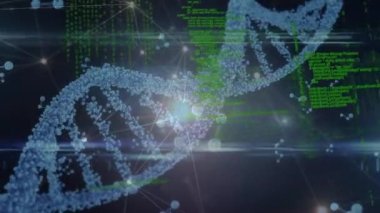 Animation of networks and data processing over dna strand spinning. Global science, research, data processing, digital interface and connections concept digitally generated video.