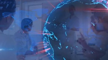 Animation of globe and light beam rotating over caucasian businesswoman giving presenting in meeting. Digital composite, multiple exposure, global business, teamwork and office concept.