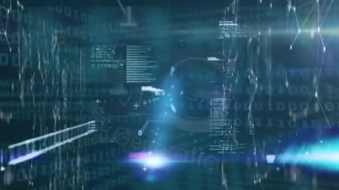 Animation of data processing on screens over binary coding. Global data processing and digital interface concept digitally generated video.