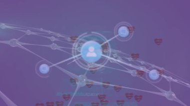 Animation of network of connections over heart icons. Global social media, network of connections and data processing concept digitally generated video.