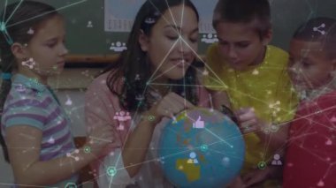 Animation of network of connections over diverse school children and female teacher with globe. global connections, education and digital interface concept digitally generated video.
