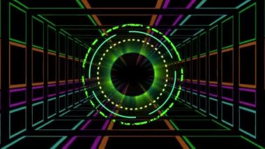 Animation of neon circles over digital space with lights. Digital screen, interface and technology concept digitally generated video.