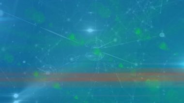 Animation of white and yellow network of connections moving on blue background. Global communication, business, data and digital interface concept digitally generated video.