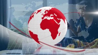 Animation of globe and world map over caucasian woman using smartphone at home. Network, communication, global connections and technology concept digitally generated video.
