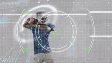 Scope scanning over african american male rugby player throwing rugby ball. Sports and business technology concept