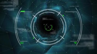 Animation of viewfinder with data over digital space with shapes and connections. Global computers, network, data and technology concept digitally generated video.
