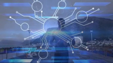 Animation of hud elements with futuristic light, african man running on pier at beach. Digital composite, multiple exposure, connect the dots, wellbeing, fitness, healthy lifestyle, technology.