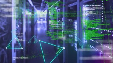 Animation of data processing, triangles and lights over servers. Computers, network, data processing and technology concept digitally generated video.