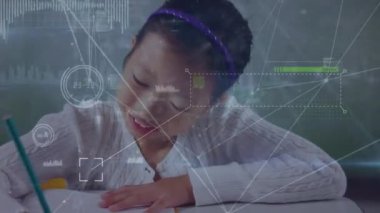 Animation of network of connections over happy asian girl in classroom. School, education, connections and network concept digitally generated video.