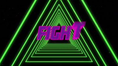 Animation of fight pink text over tunnel of green glowing triangles. Video game, social media, colour, movement and communication concept digitally generated video.