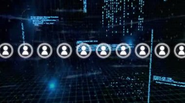 Animation of data processing on screens over network of people icons. Global data processing and digital interface concept digitally generated video.