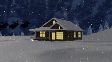 Animation of silhouette santa on sleigh flying with reindeer against snow covered house at night. Nature, vector, digital composite, christmas festivity, celebration, winter and holiday concept.