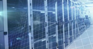 Animation of processing data and maths calculations over computer server room. Global communication, research, data and network concept digitally generated video.