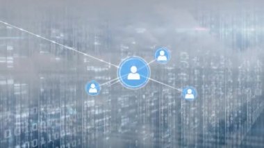 Animation of network of connections with icons over data processing and sky with clouds. Global connections, computing and digital interface concept digitally generated video.