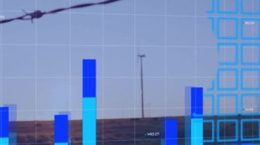Animation of statistics and financial data processing over world map, wind turbines in countryside. Global sustainability, environment and data processing concept digitally generated video.