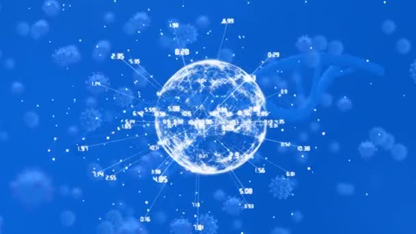 Animation Dna Strand Covid Cells Globe Blue Background Global Covid — Vídeos de Stock