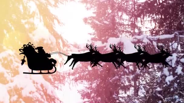 Animation Silhouette Santa Sleigh Flying Reindeer Snow Covered Trees Nature — Vídeos de Stock