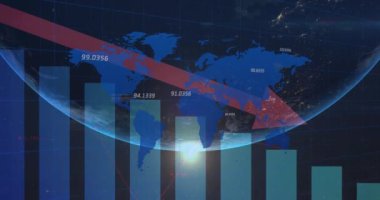 Animation of digital bar graphs moving in loop with numbers against globe and world map. Digitally generated, multiple exposure, data, report, globalization, global business and futuristic.