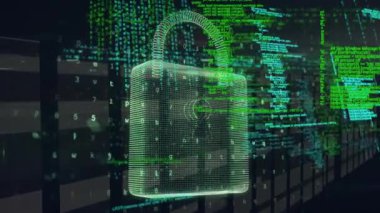 Animation of digital screen with data processing and digital padlock. Digital interface, safety, security and technology concept digitally generated video.
