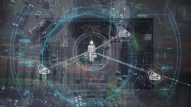 Animation of viewfinder, connections and road traffic. Data processing, communication and connections concept digitally generated video.