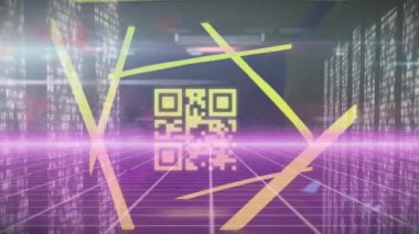 Animation of data processing and qr code over neon lights. Global data processing and digital interface concept digitally generated video.