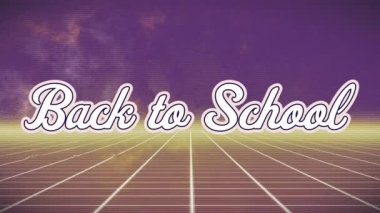 Digital animation of back to school over grid pattern moving in loop against violet background. Copy space, digitally generated, multiple exposure, education and school concept.
