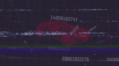 Animation of vhs glitch effect over data processing and changing numbers against 3d car model. Automobile design and business technology concept