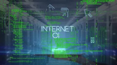 Animation of data processing, icons, internet of things and hand of woman with laptop over servers. Computers, network, data processing and technology concept digitally generated video.