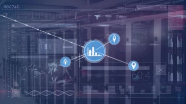 Animation of network of media icons exchanging data over computer servers. Global communication, business, networking, data and digital interface concept digitally generated video.