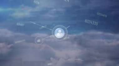 Animation of network of connections with icons over globe and cloudy sky. global network, connections and technology concept digitally generated video.