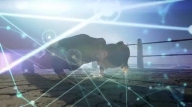 Animation of network connecting dots, bright light, caucasian woman doing pushups on pier at beach. Digital composite, multiple exposure, connect the dots, wellbeing, fitness, healthy lifestyle.