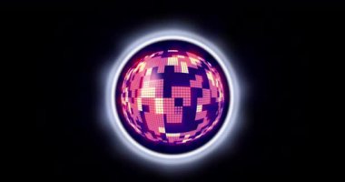 Animation of neon circle with disco ball over black background. Digital screen, interface and technology concept digitally generated video.