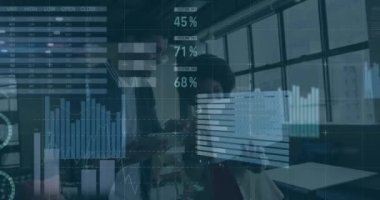 Animation of data processing over diverse business people at office. Global business, computing and digital interface concept digitally generated video.