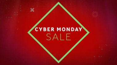 Animation of cyber monday text banner over abstract shapes against red background. Sale discount and retail business concept