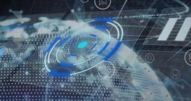 Animation of scope and connections over globe. Global computing, data processing and connections concept digitally generated video.
