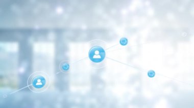 Animated illustration of human icons and message signs representing global communication. 3d illustration, digital composite, technology, communication, connection, futuristic, networking, sharing.