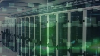 Animation of security padlock icon and data processing against computer server room. Cyber security and business data storage technology concept