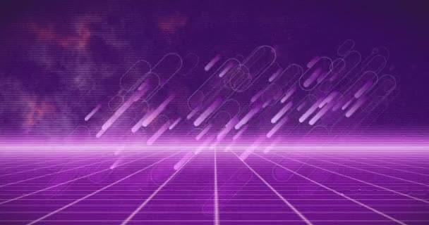 Цифрова Анімація Графічних Дисплеїв Падають Над Шаблоном Сітки Фіолетовому Фоні — стокове відео