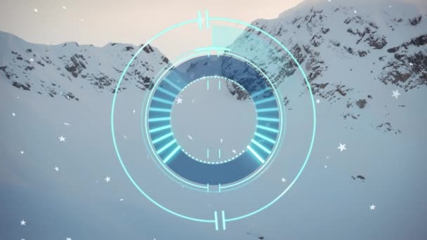 Animation Circular Scanner Stars Snow Covered Mountains Climate Winter Season — Stockvideo