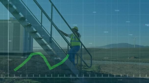 Animation Graph Data Processing Male Worker Climbing Stairs Power Plant — Video