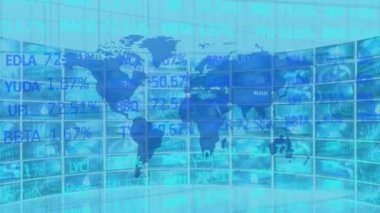 Animation of world map over data processing and stock market. global business, computing and digital interface concept digitally generated video.