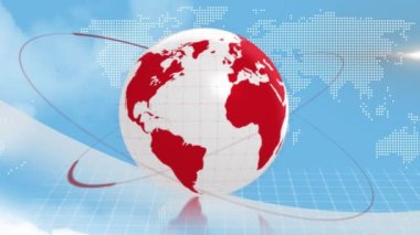 Animation of world map and globe over sky with clouds. Global technology, computing and digital interface concept digitally generated video.
