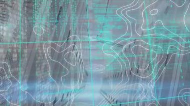 Animation of screens with data processing and topography against computer server room. Global networking and business data storage technology concept